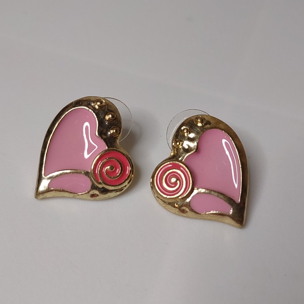Very Cute Pink And Gold Tone Heart Earrings